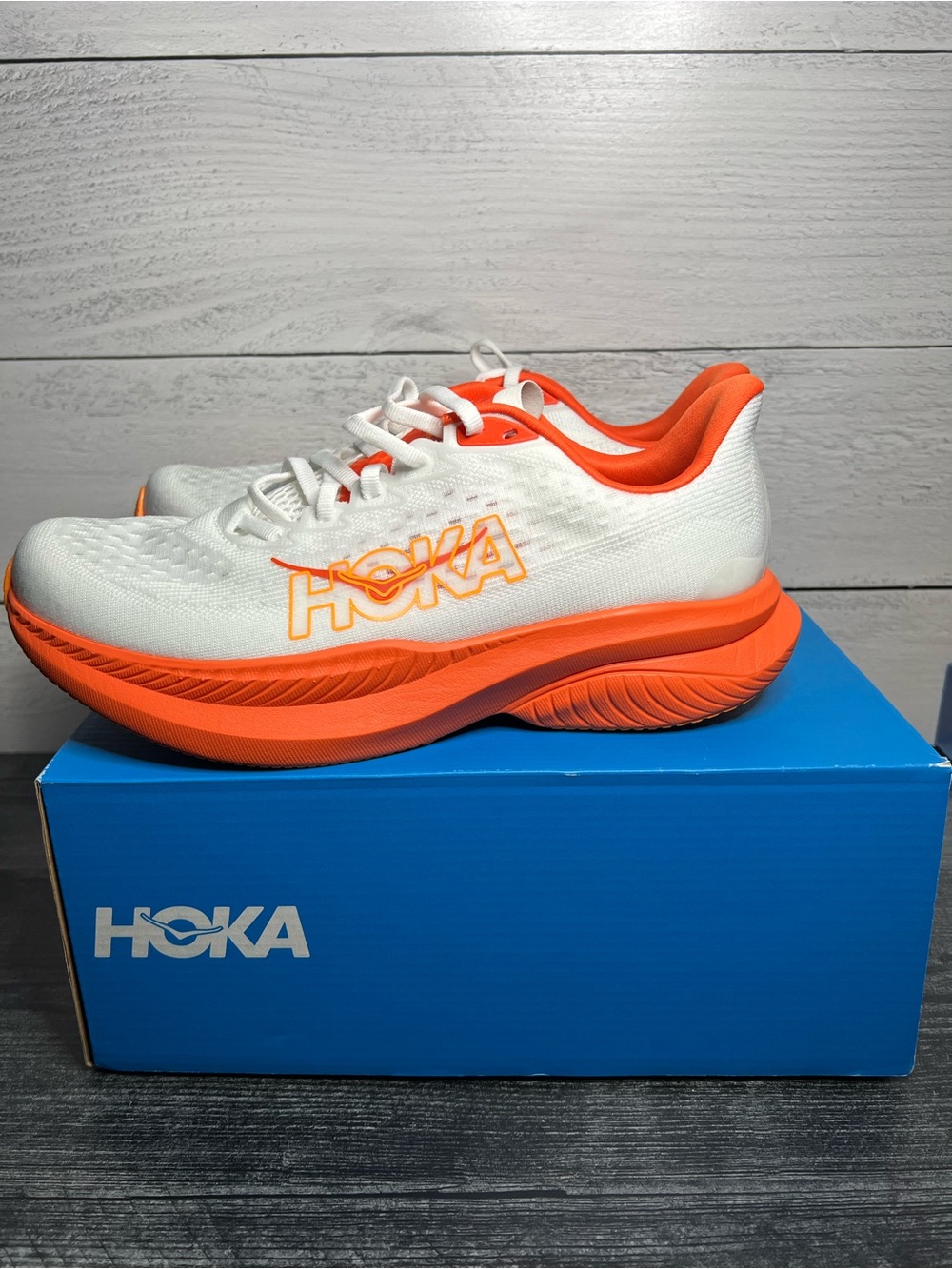 Hoka Womens Mach 6 with Orange Accents and Purple Laces - Picture 2 of 5